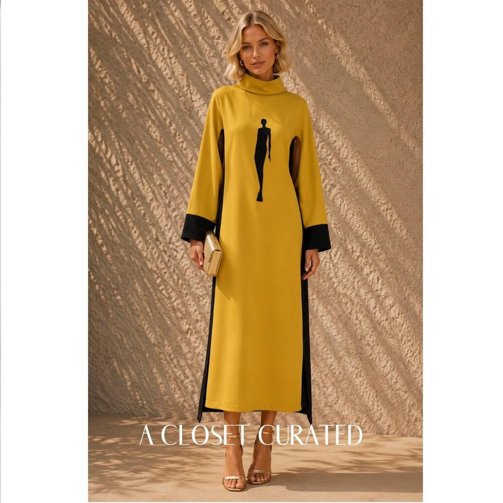 Julia Allert Long Sleeve Midi Dress XS Yellow Black NEW